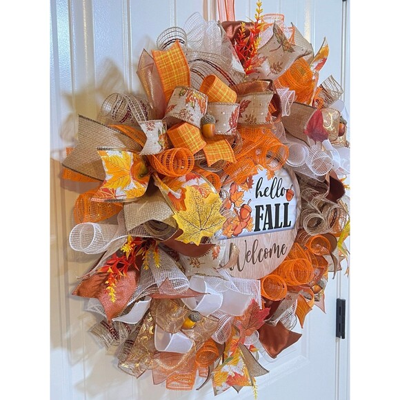 Handmade Hello Fall Welcome Door Wreath Acorn Leaf 22 in LED Thanksgiving W12 - Picture 4 of 10